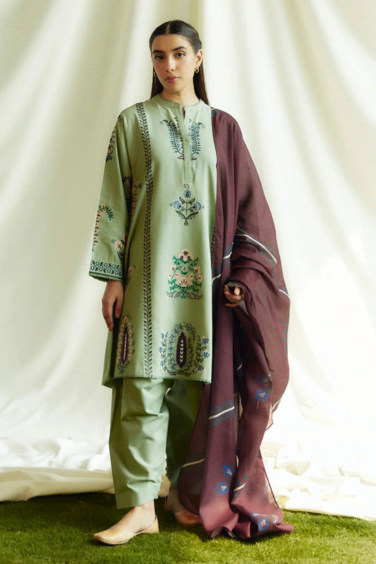 ZARA SHAHJAHAN- 3PC DHANAK EMBROIDERED SHIRT WITH WOOL PRINT SHAWL AND TROUSER-TANA-1725