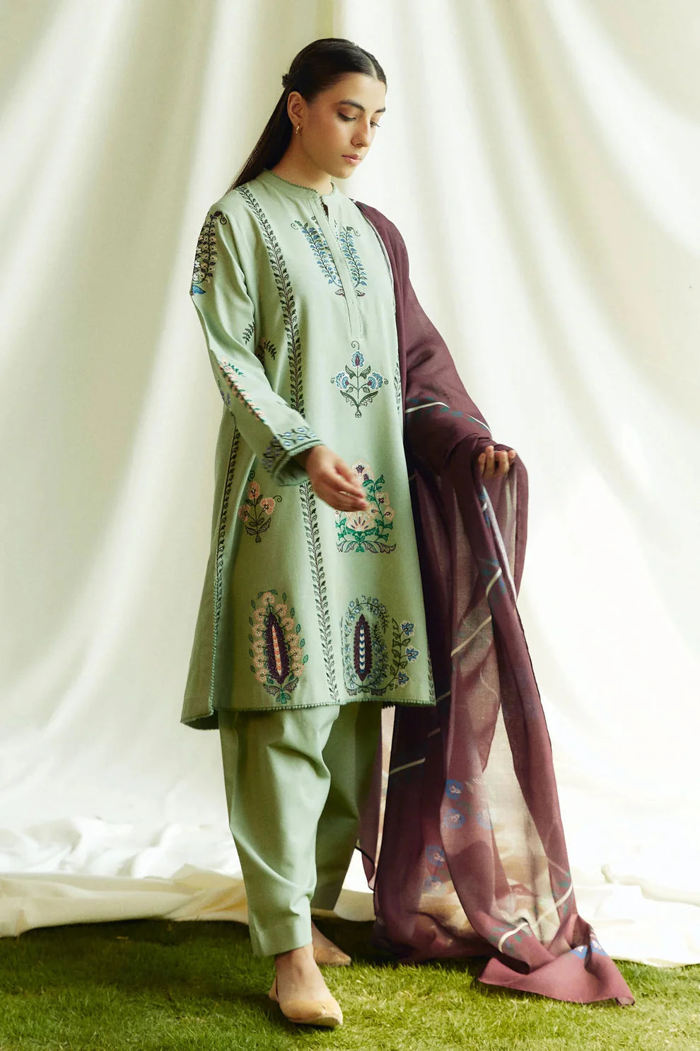 ZARA SHAHJAHAN- 3PC DHANAK EMBROIDERED SHIRT WITH WOOL PRINT SHAWL AND TROUSER-TANA-1725