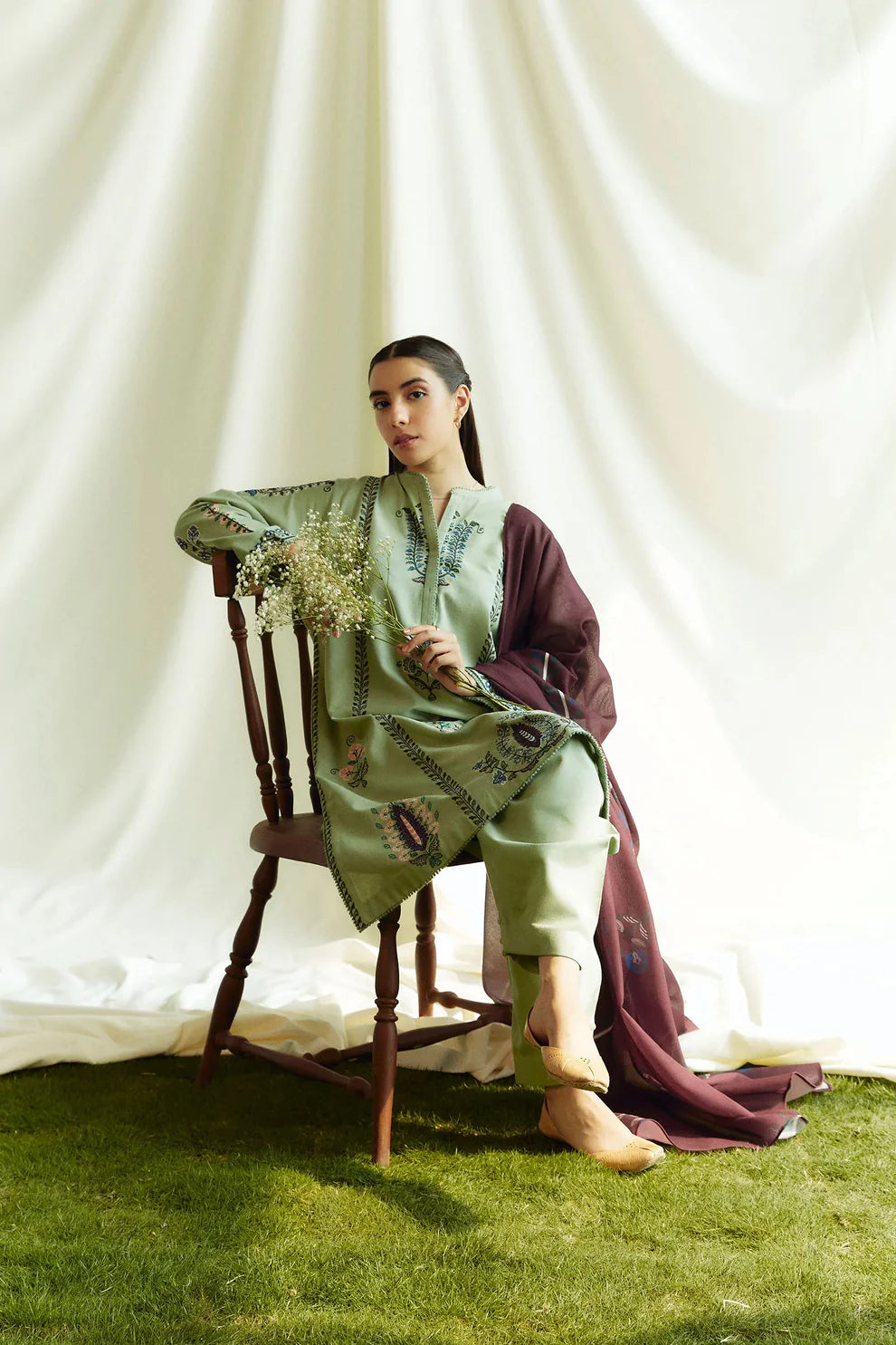 ZARA SHAHJAHAN- 3PC DHANAK EMBROIDERED SHIRT WITH WOOL PRINT SHAWL AND TROUSER-TANA-1725