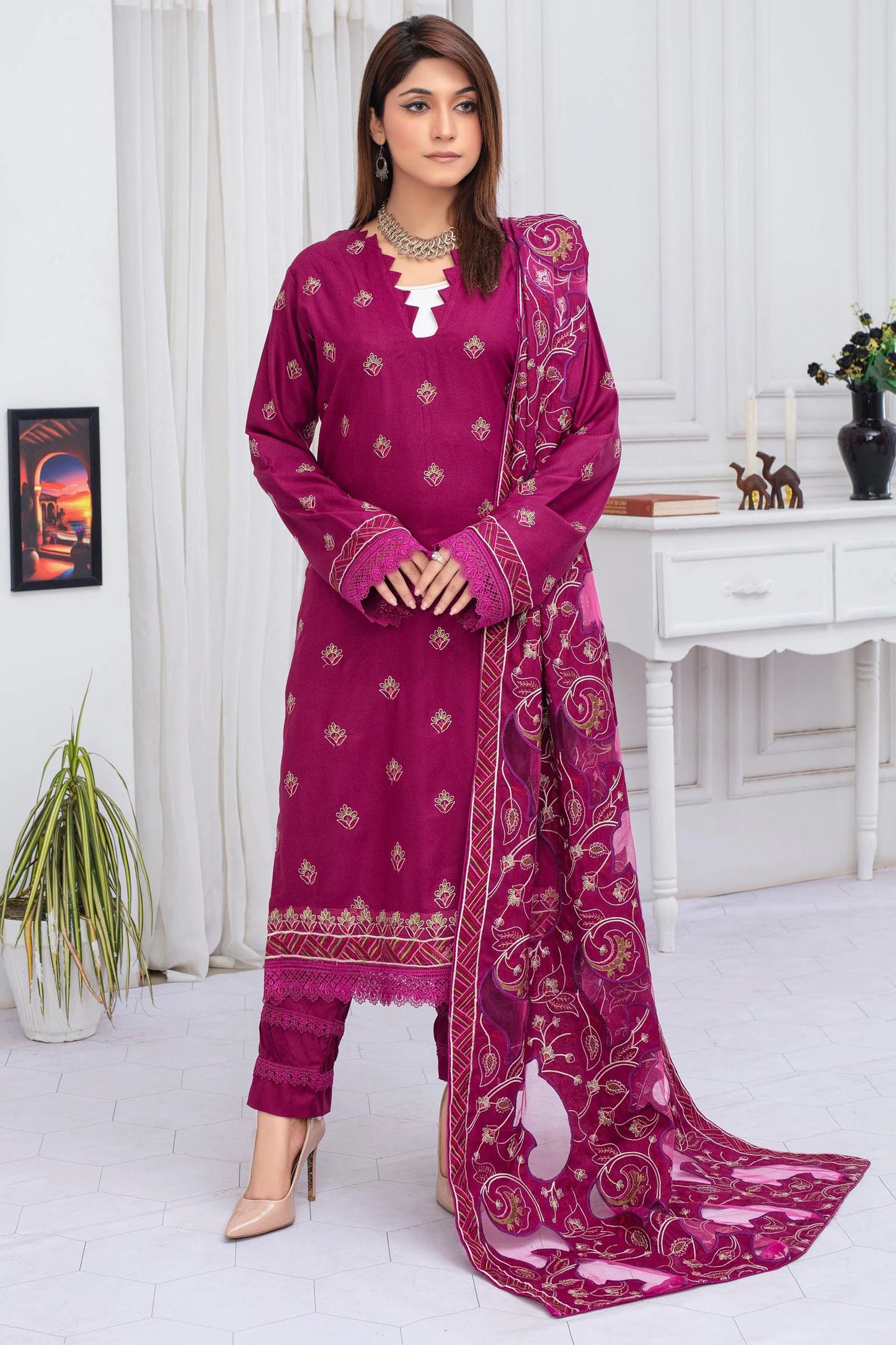 TANA BANA-3PC DHANAK EMBROIDERED SHIRT WITH HEAVY CUTWORK EMBROIDERED DHANAK SHAWL AND TROUSER-TBF-1751