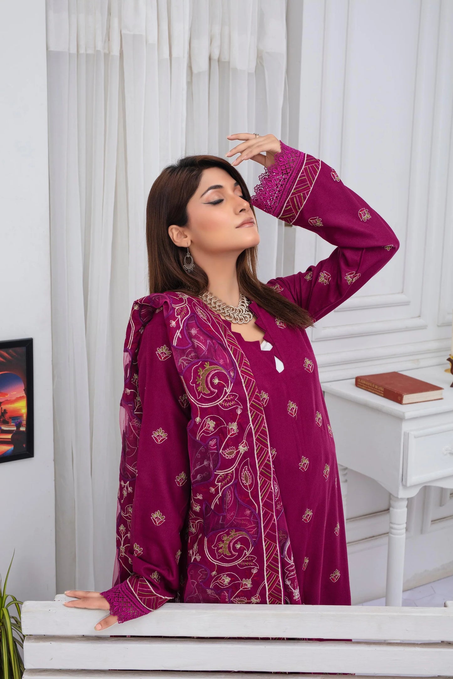 TANA BANA-3PC DHANAK EMBROIDERED SHIRT WITH HEAVY CUTWORK EMBROIDERED DHANAK SHAWL AND TROUSER-TBF-1751