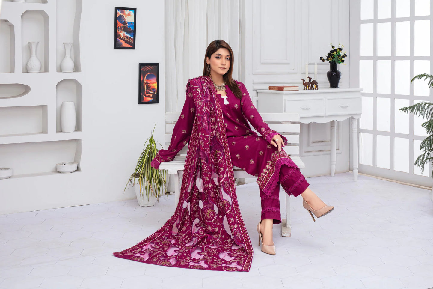 TANA BANA-3PC DHANAK EMBROIDERED SHIRT WITH HEAVY CUTWORK EMBROIDERED DHANAK SHAWL AND TROUSER-TBF-1751