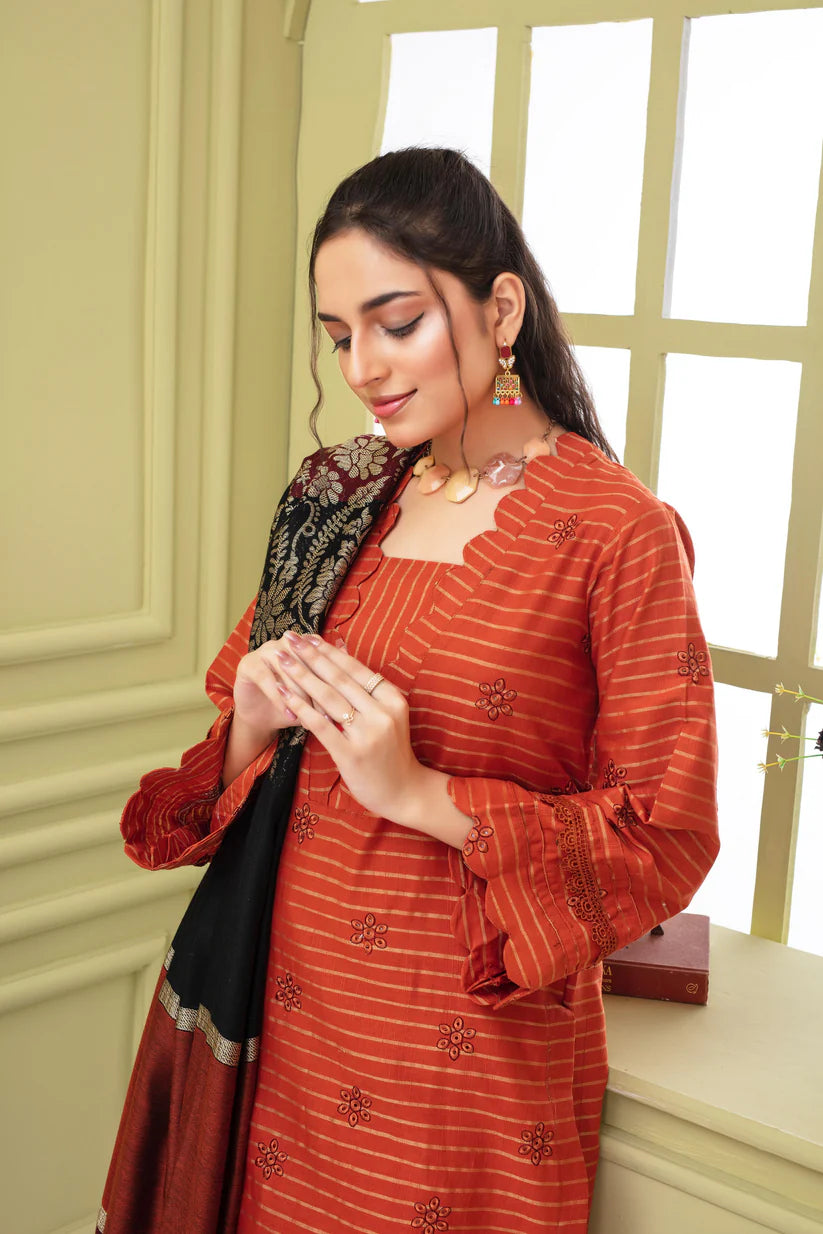 TANA BANA-3PC KHADAR CUTWORK EMBROIDERED SHIRT WITH KASHMIRI JACQUARD WOOL SHAWL-TBF-1904