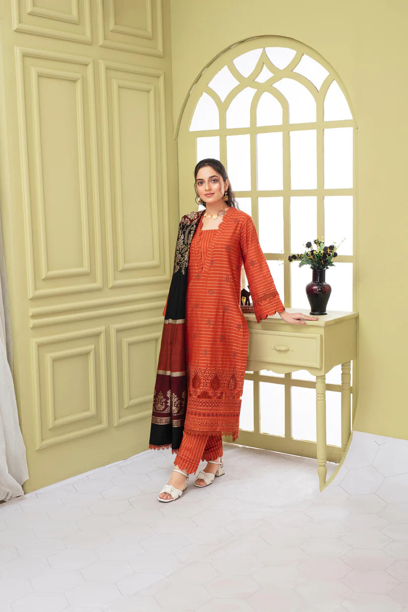 TANA BANA-3PC KHADAR CUTWORK EMBROIDERED SHIRT WITH KASHMIRI JACQUARD WOOL SHAWL-TBF-1904