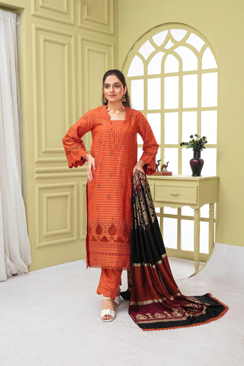 TANA BANA-3PC KHADAR CUTWORK EMBROIDERED SHIRT WITH KASHMIRI JACQUARD WOOL SHAWL-TBF-1904