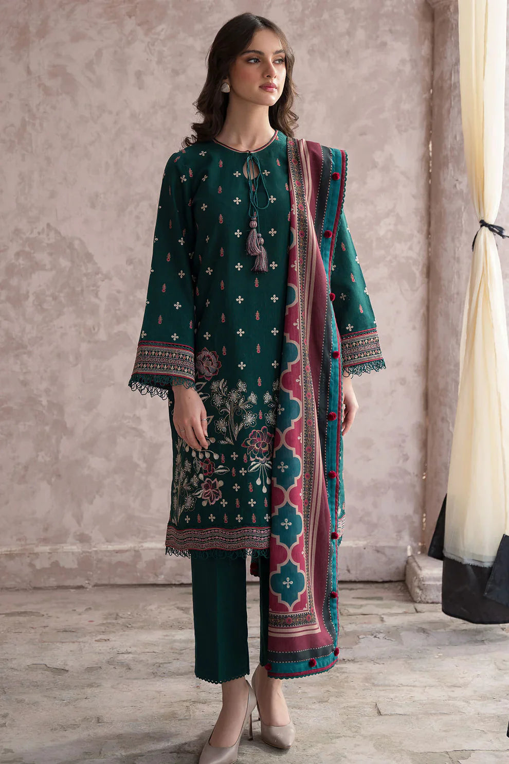 JAZMIN 3PC DHANAK EMBROIDERED WITH COUTURE WOOL PRINT SHAWL-TANA-1511