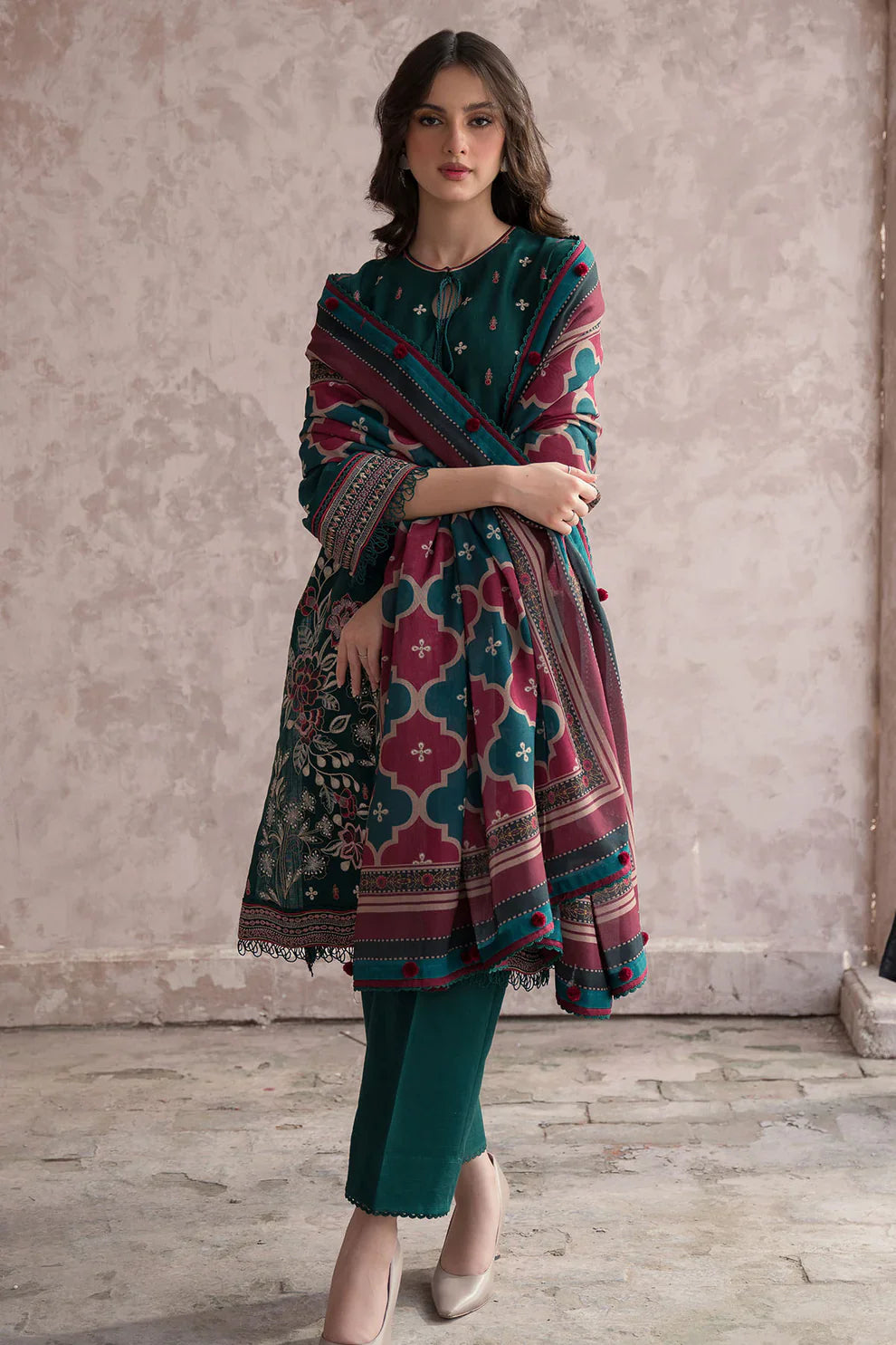 JAZMIN 3PC DHANAK EMBROIDERED WITH COUTURE WOOL PRINT SHAWL-TANA-1511