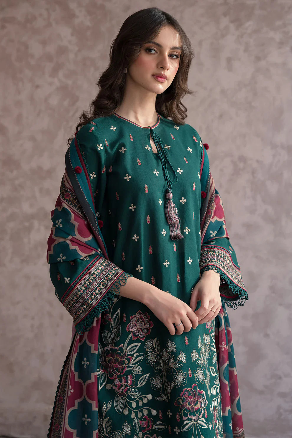 JAZMIN 3PC DHANAK EMBROIDERED WITH COUTURE WOOL PRINT SHAWL-TANA-1511