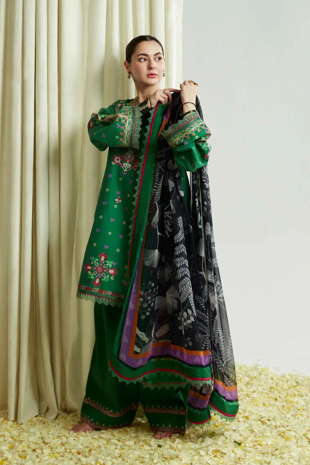 ZAHRA SHAHJAHAN- 3PC DHANAK EMBROIDERED SHIRT WITH COUTURE SHAWL & TROUSER-TANA-1551