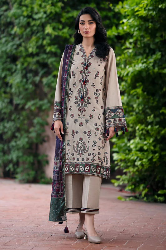 JAZMIN-3PC DHANAK EMBROIDRED SHIRT WITH WOOL PRINT SHAWL AND TROUSER-TANA-1742