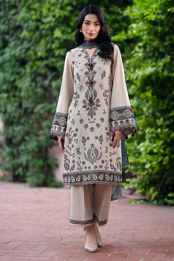 JAZMIN-3PC DHANAK EMBROIDRED SHIRT WITH WOOL PRINT SHAWL AND TROUSER-TANA-1742