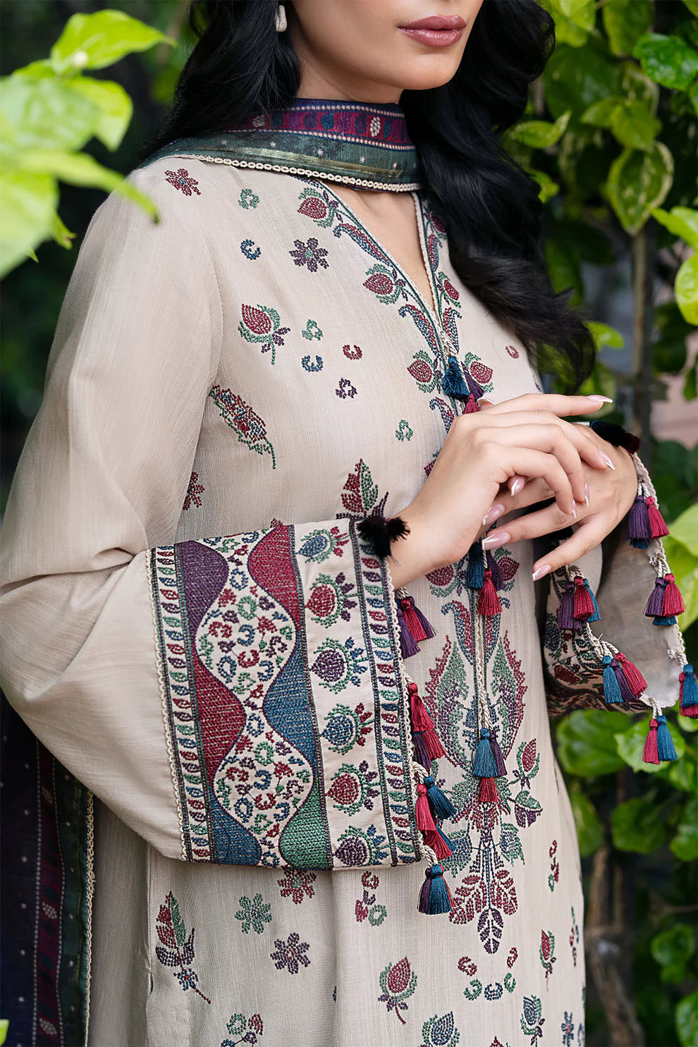 JAZMIN-3PC DHANAK EMBROIDRED SHIRT WITH WOOL PRINT SHAWL AND TROUSER-TANA-1742