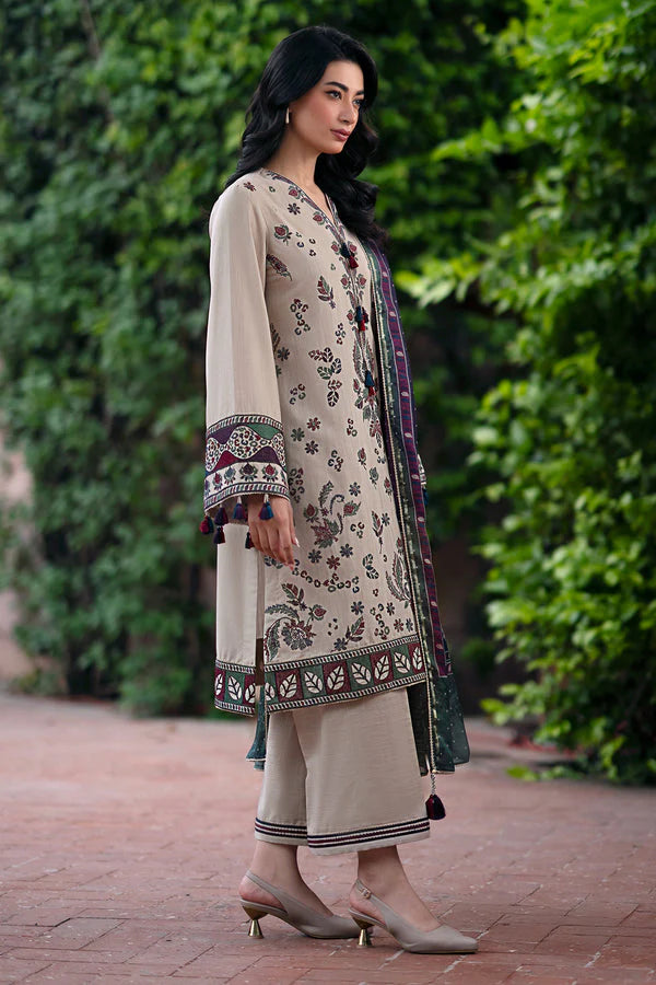 JAZMIN-3PC DHANAK EMBROIDRED SHIRT WITH WOOL PRINT SHAWL AND TROUSER-TANA-1742