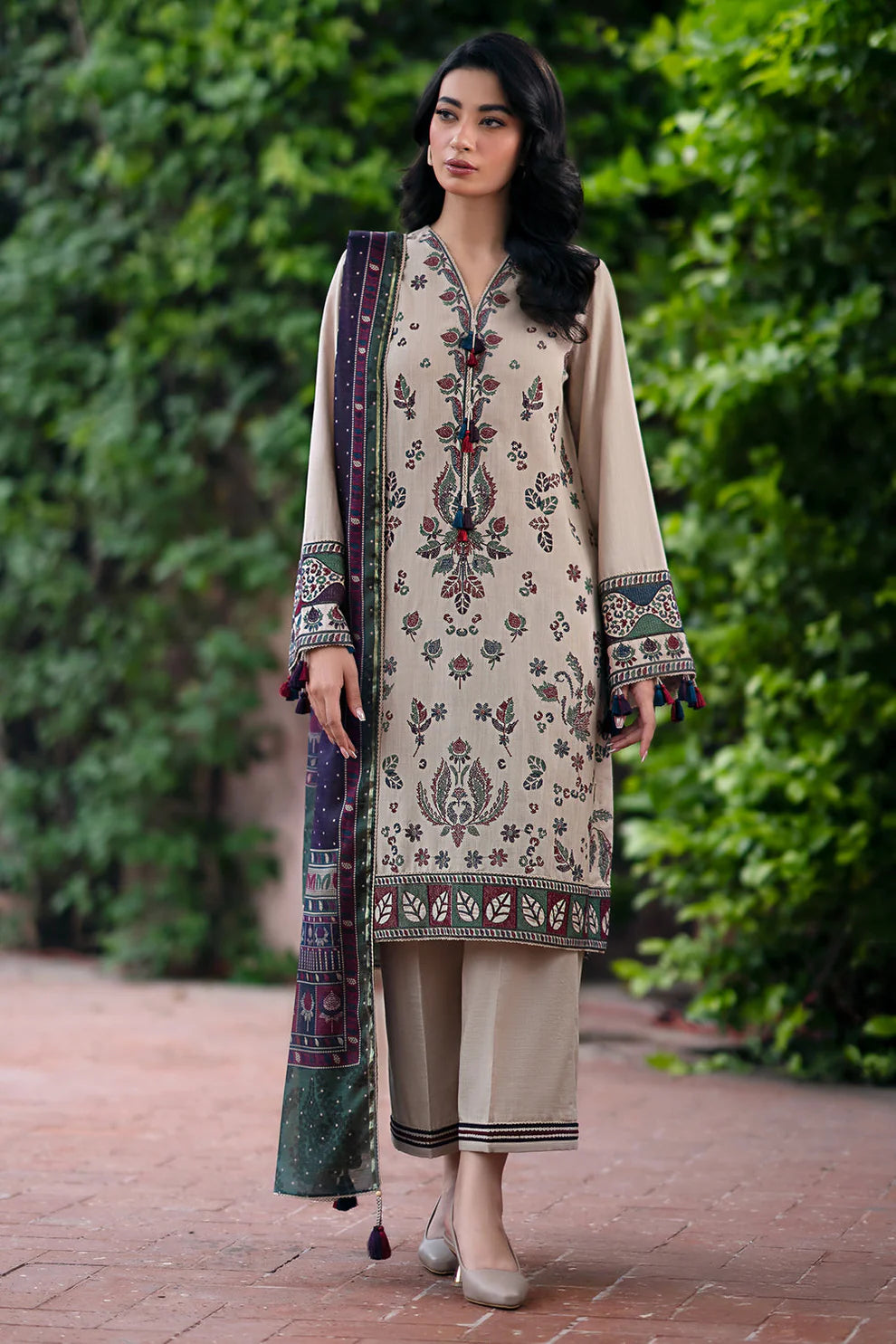 JAZMIN-3PC DHANAK EMBROIDRED SHIRT WITH WOOL PRINT SHAWL AND TROUSER-TANA-1742