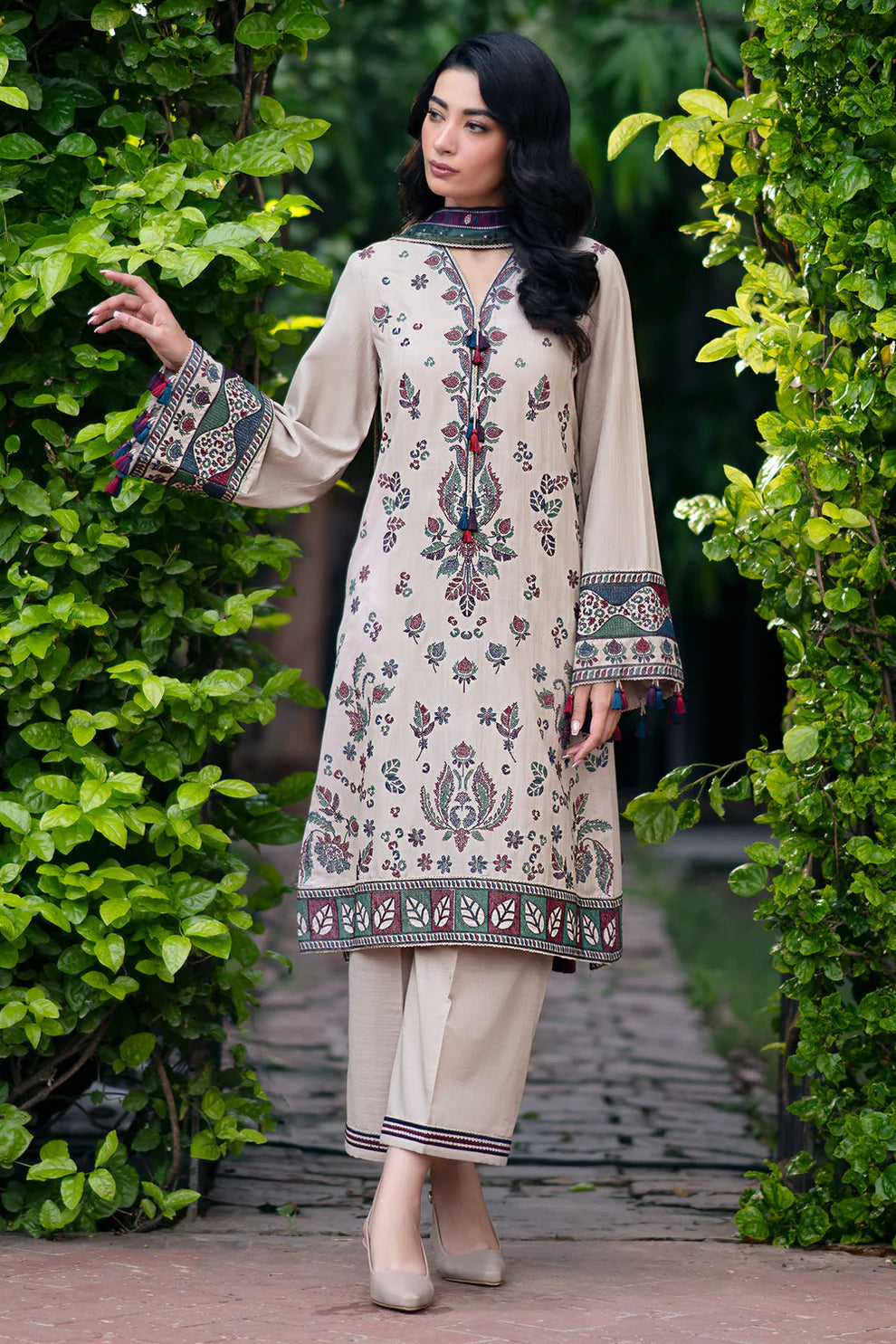 JAZMIN-3PC DHANAK EMBROIDRED SHIRT WITH WOOL PRINT SHAWL AND TROUSER-TANA-1742