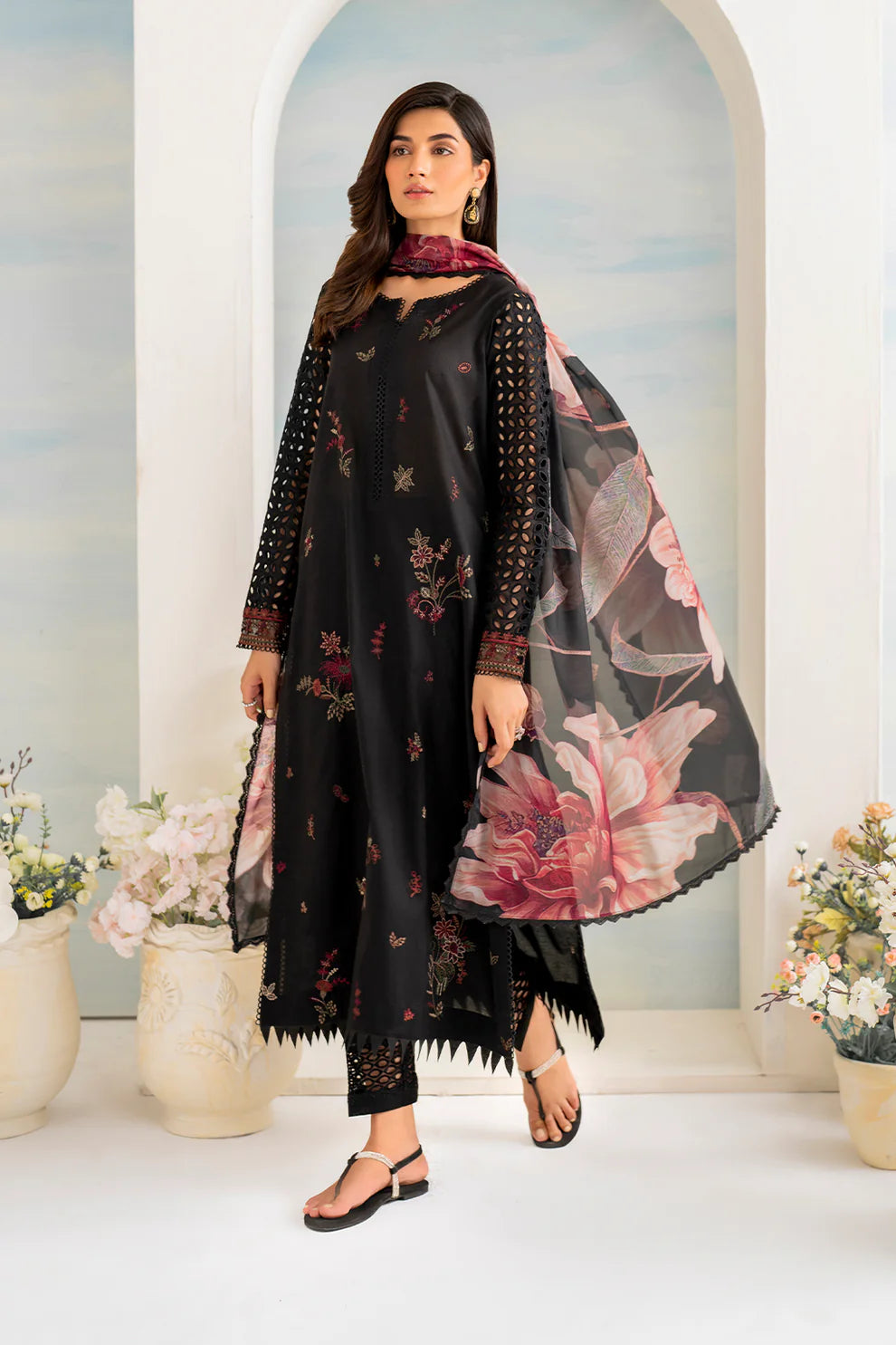 IZNIK- 3PC DHANAK EMBROIDERED SHIRT WITH COUTURE PRINT SHAWL AND TROUSER-TANA-1564