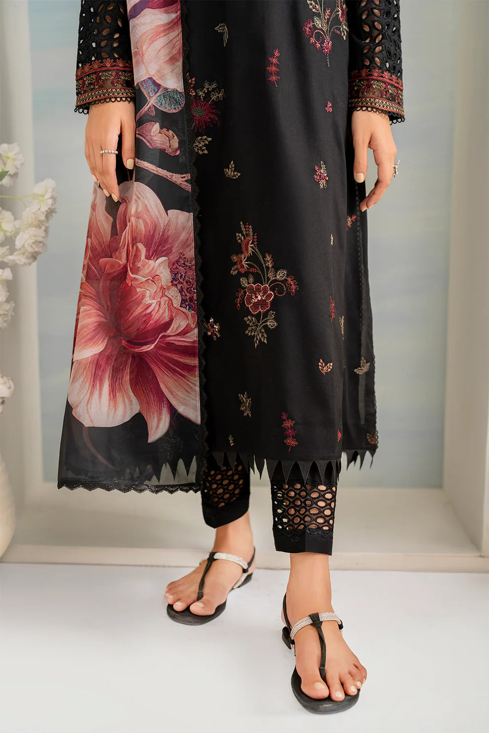 IZNIK- 3PC DHANAK EMBROIDERED SHIRT WITH COUTURE PRINT SHAWL AND TROUSER-TANA-1564