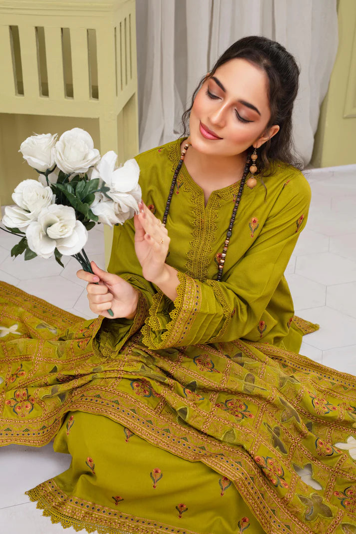 TANA BANA-3PC DHANAK EMBROIDERED SHIRT WITH HEAVY CUTWORK EMBROIDERED DHANAK SHAWL AND TROUSER-TBF-1788