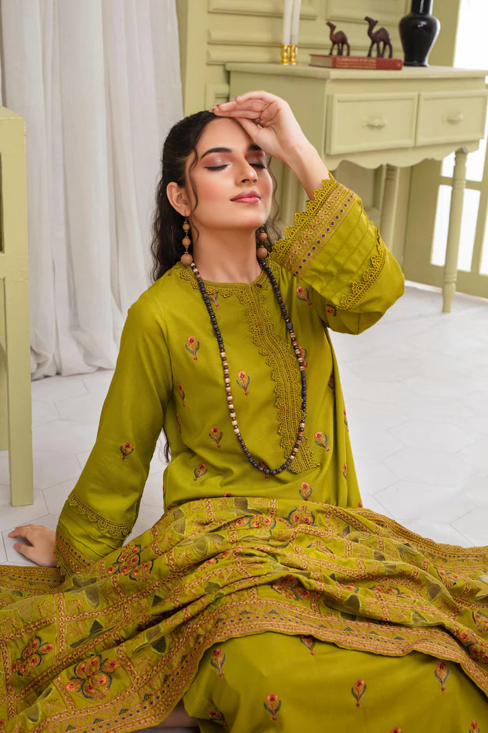 TANA BANA-3PC DHANAK EMBROIDERED SHIRT WITH HEAVY CUTWORK EMBROIDERED DHANAK SHAWL AND TROUSER-TBF-1788