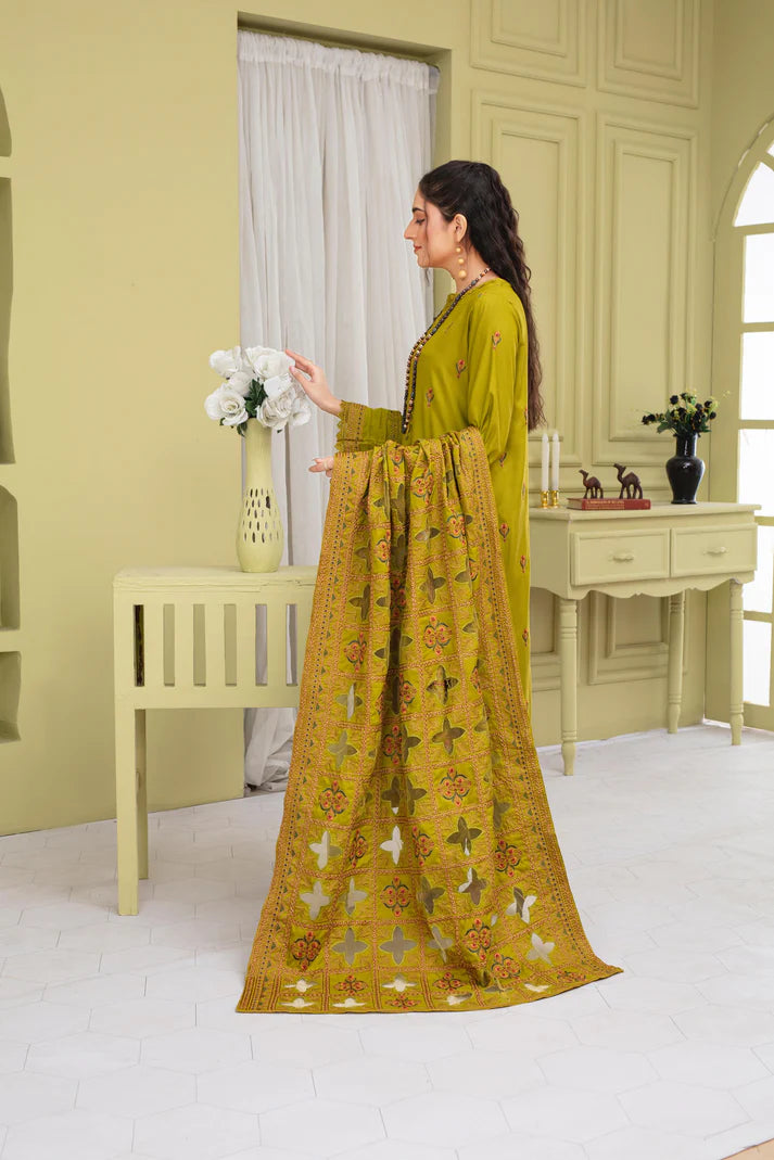 TANA BANA-3PC DHANAK EMBROIDERED SHIRT WITH HEAVY CUTWORK EMBROIDERED DHANAK SHAWL AND TROUSER-TBF-1788