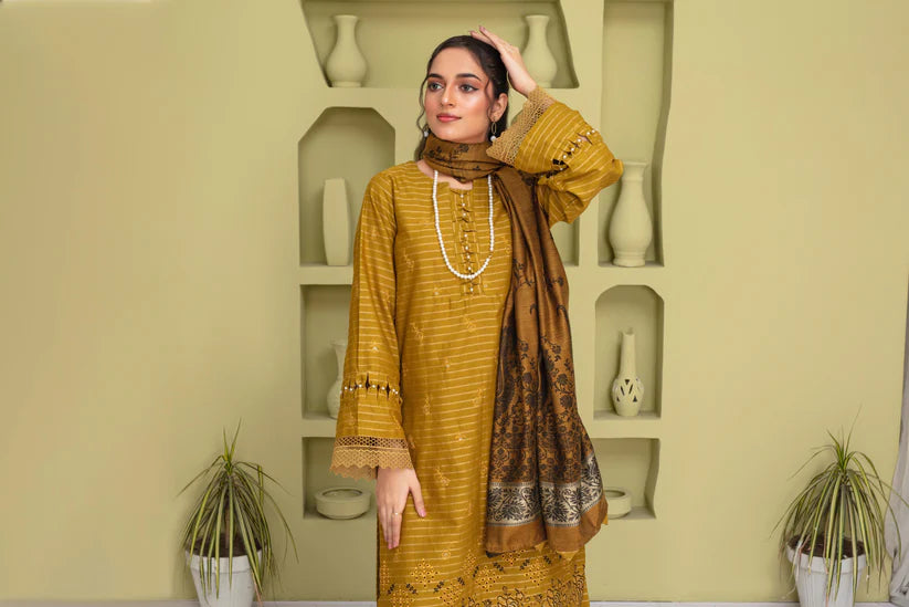 TANA BANA-3PC KHADAR CUTWORK EMBROIDERED SHIRT WITH KASHMIRI JACQUARD WOOL SHAWL-TBF- 1902