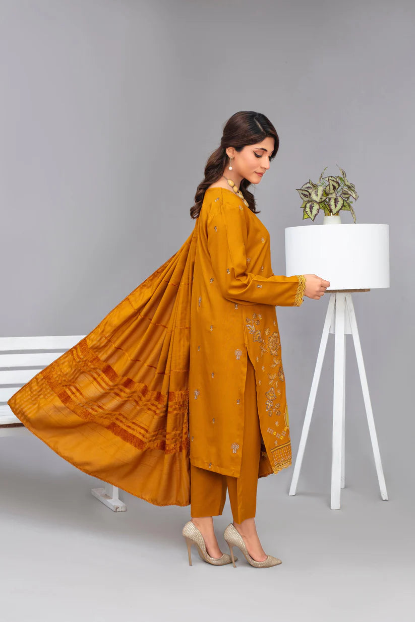 TANA BANA-3PC Dhanak Embroidered Shirt with Velvet Dhanak Shawl and Trouser -TBF-013