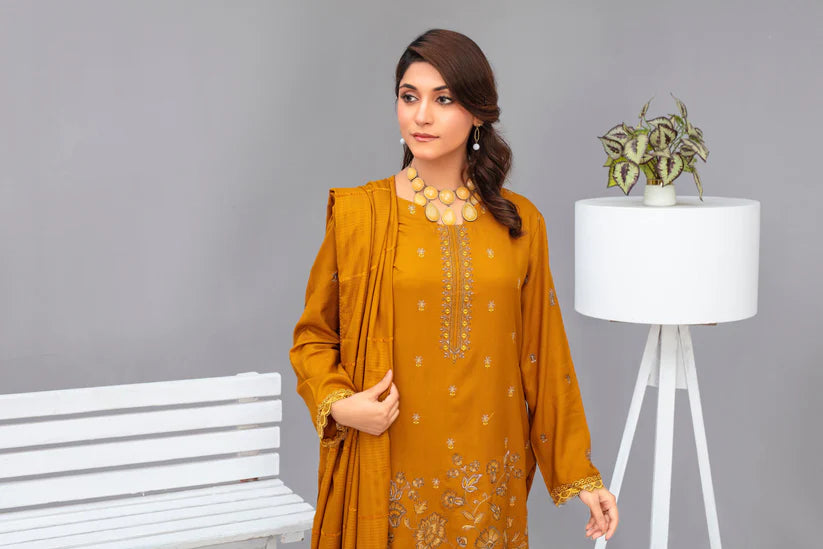 TANA BANA-3PC Dhanak Embroidered Shirt with Velvet Dhanak Shawl and Trouser -TBF-013