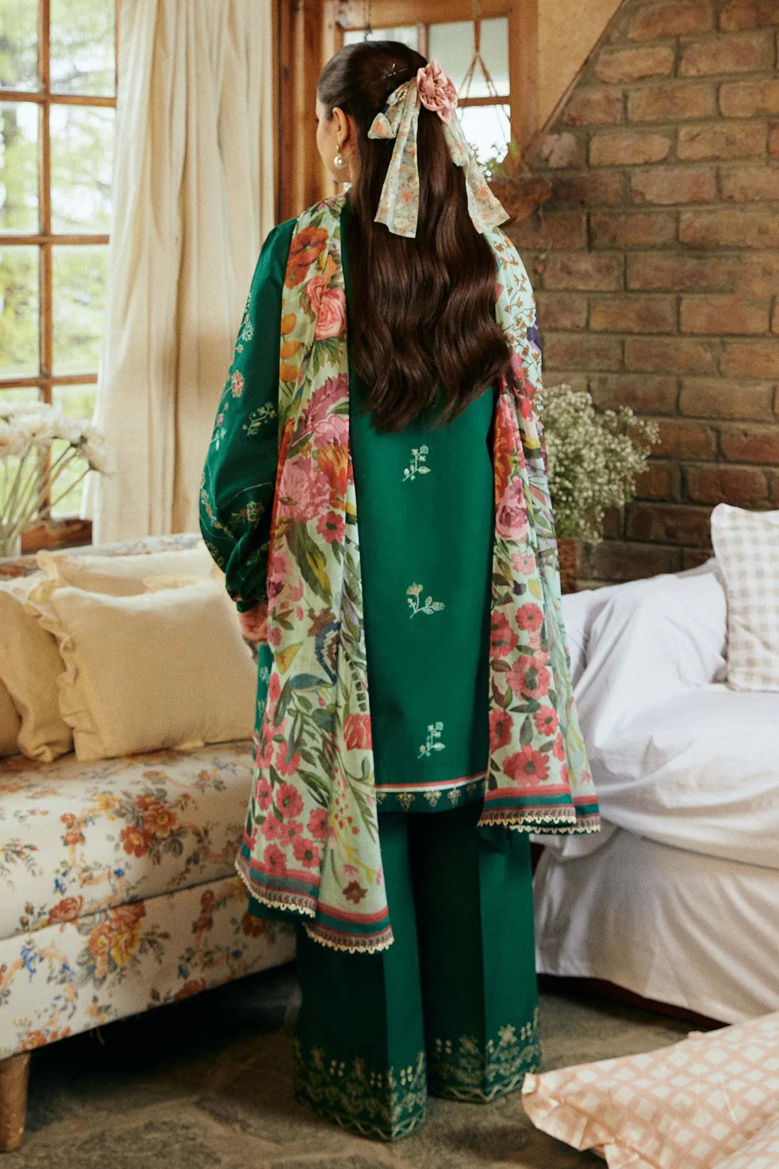 ZAHRA SHAHJAHAN- 3PC DHANAK EMBROIDERED SHIRT WITH COUTURE PRINT SHAWL-TANA-1612