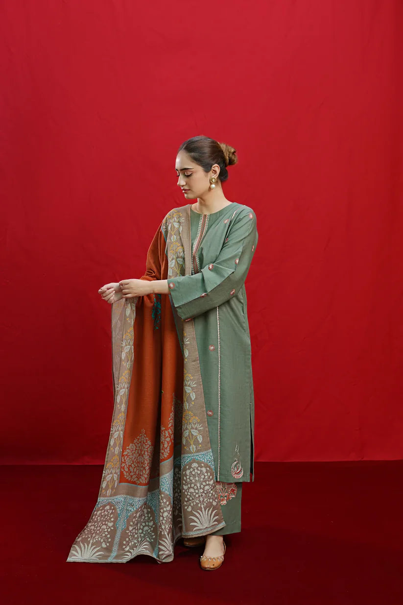 URGE-3PC DHANAK EMBROIDERED SHIRT WITH COUTURE PRINTED SHAWL & EMB TROUSER-TBF-1741