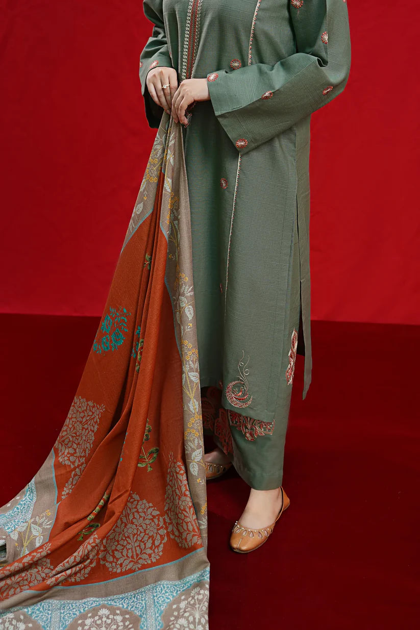 URGE-3PC DHANAK EMBROIDERED SHIRT WITH COUTURE PRINTED SHAWL & EMB TROUSER-TBF-1741