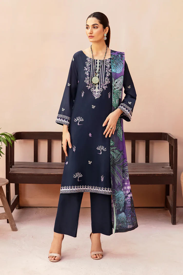 AFSANAH-3PC DHANAK EMBROIDERED SHIRT WITH COUTURE PRINTED SHAWL & TROUSER-TBF-1768