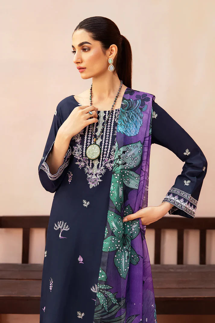 AFSANAH-3PC DHANAK EMBROIDERED SHIRT WITH COUTURE PRINTED SHAWL & TROUSER-TBF-1768