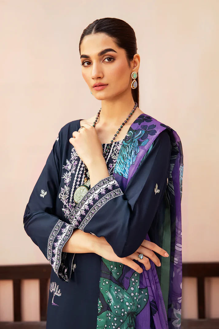 AFSANAH-3PC DHANAK EMBROIDERED SHIRT WITH COUTURE PRINTED SHAWL & TROUSER-TBF-1768