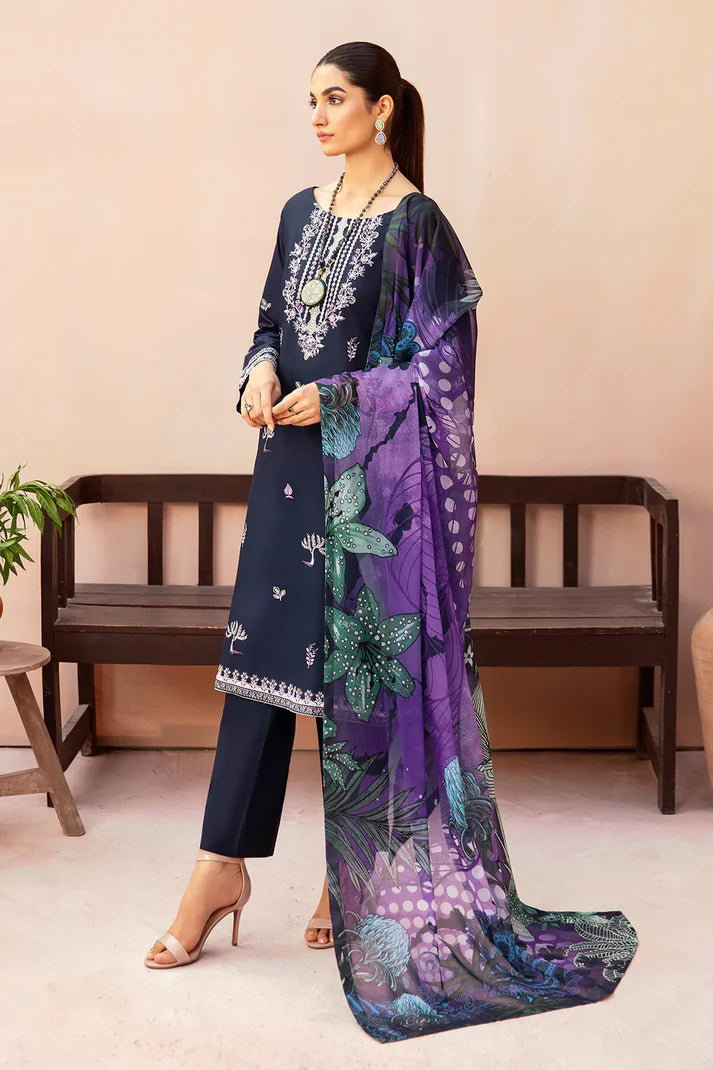 AFSANAH-3PC DHANAK EMBROIDERED SHIRT WITH COUTURE PRINTED SHAWL & TROUSER-TBF-1768