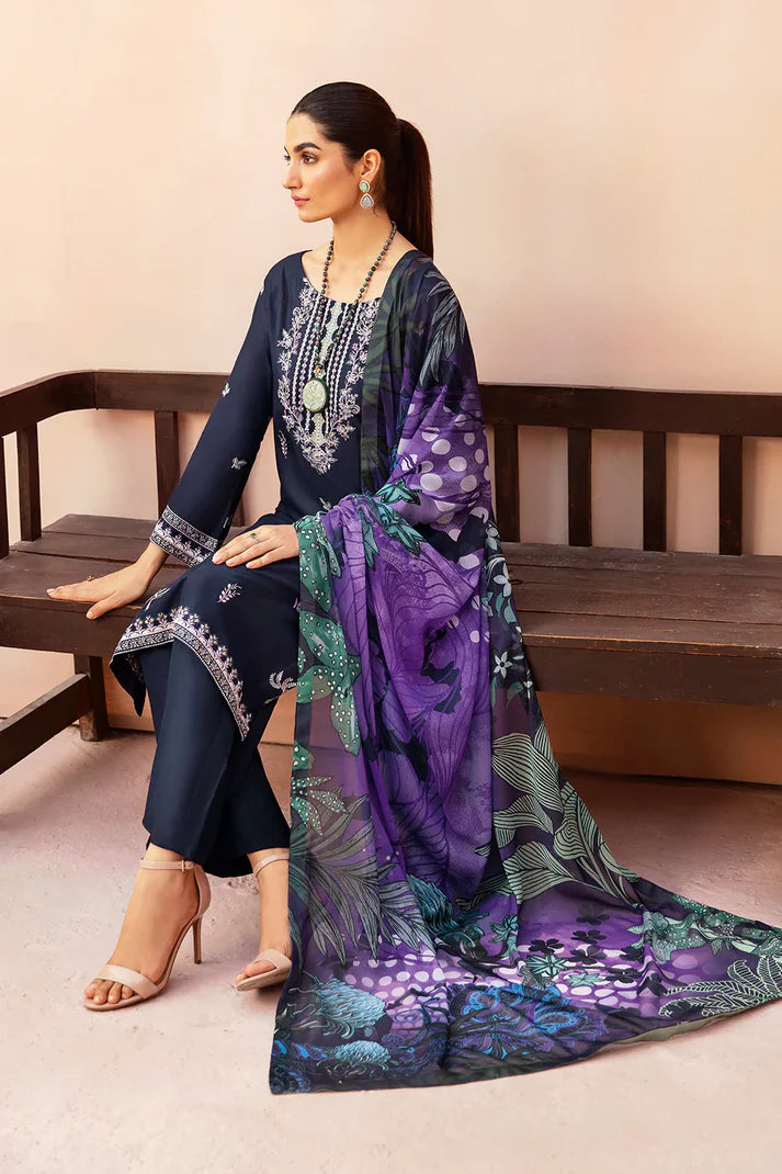 AFSANAH-3PC DHANAK EMBROIDERED SHIRT WITH COUTURE PRINTED SHAWL & TROUSER-TBF-1768