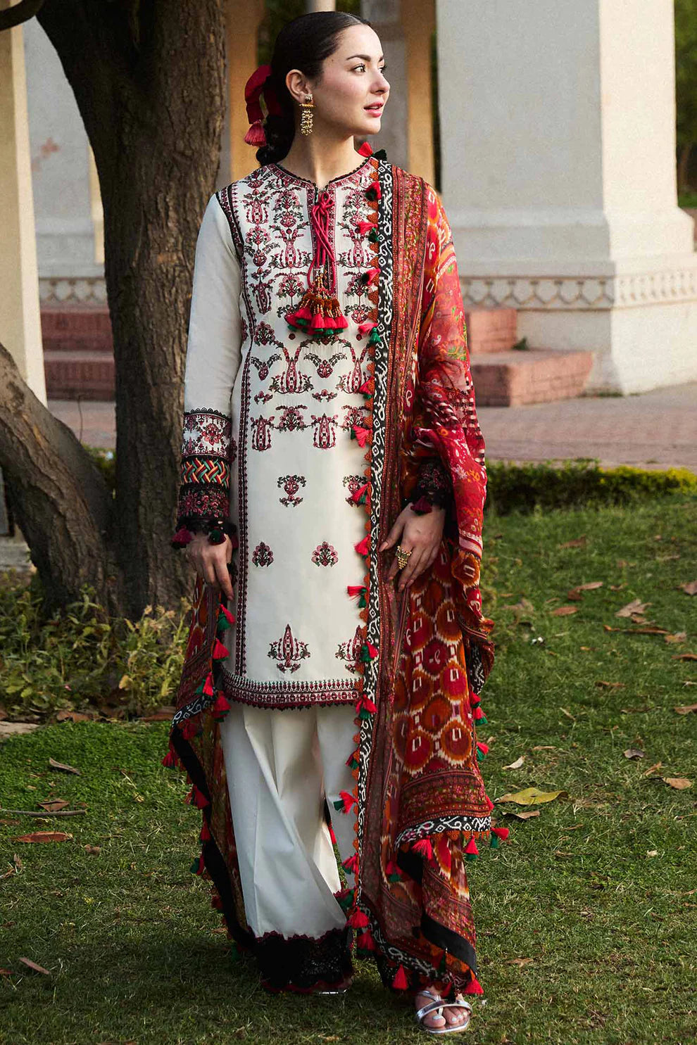 HUSSAIN REHAR- 3PC DHANAK EMBROIDERED SHIRT WITH COUTURE PRINT SHAWL AND TROUSER-TANA-1560