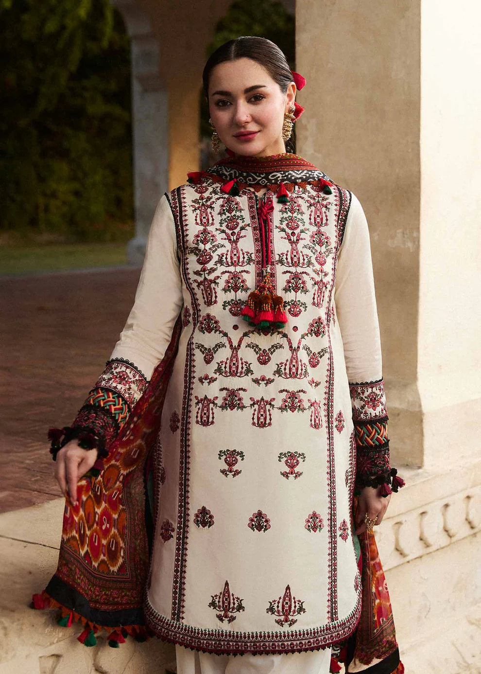 HUSSAIN REHAR- 3PC DHANAK EMBROIDERED SHIRT WITH COUTURE PRINT SHAWL AND TROUSER-TANA-1560