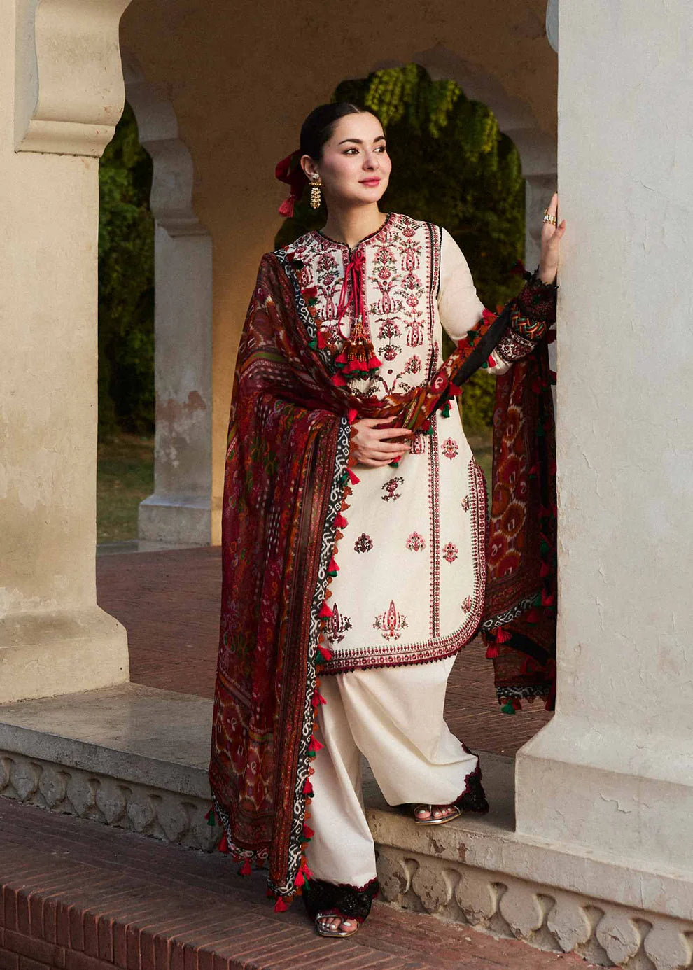 HUSSAIN REHAR- 3PC DHANAK EMBROIDERED SHIRT WITH COUTURE PRINT SHAWL AND TROUSER-TANA-1560