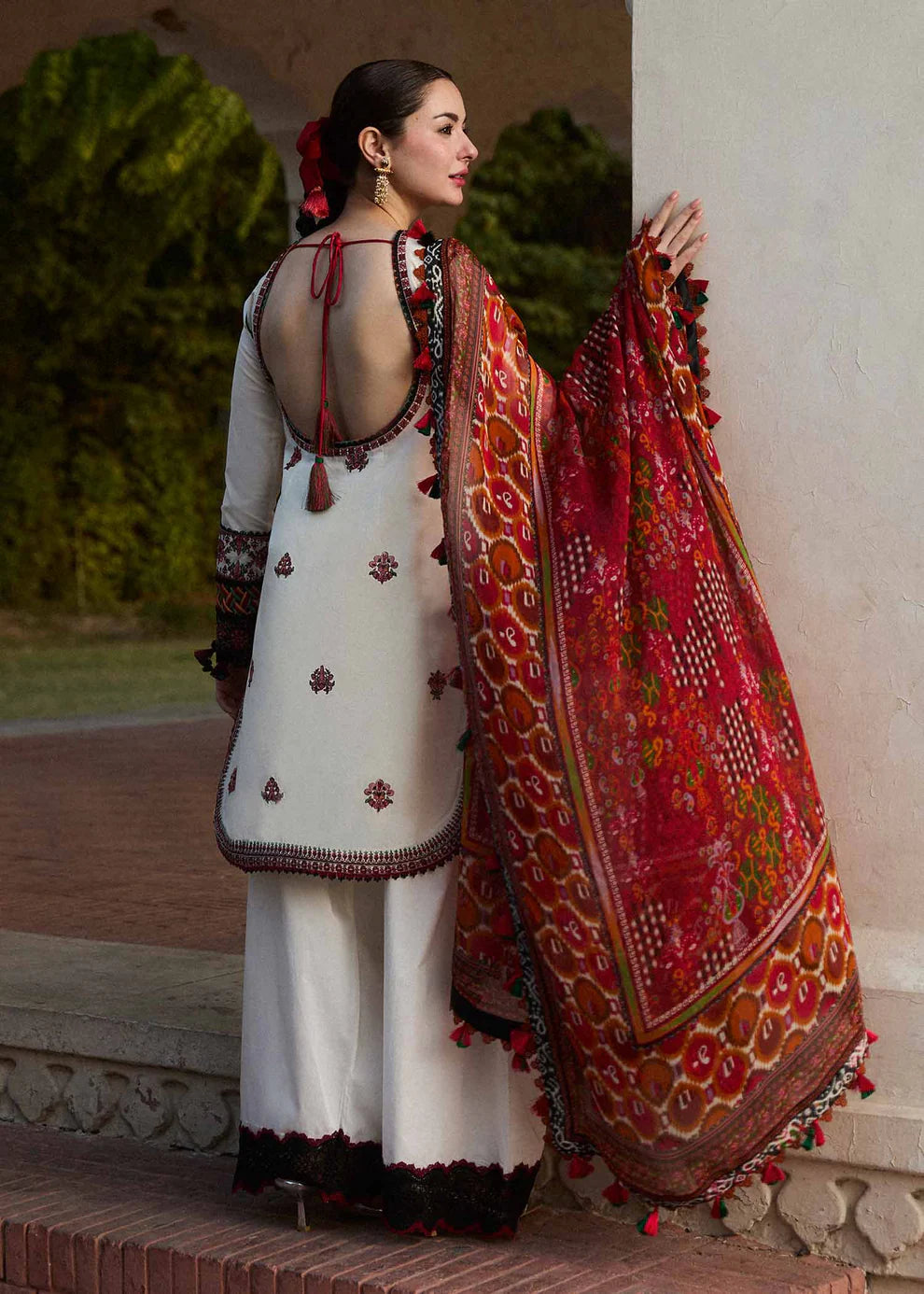 HUSSAIN REHAR- 3PC DHANAK EMBROIDERED SHIRT WITH COUTURE PRINT SHAWL AND TROUSER-TANA-1560