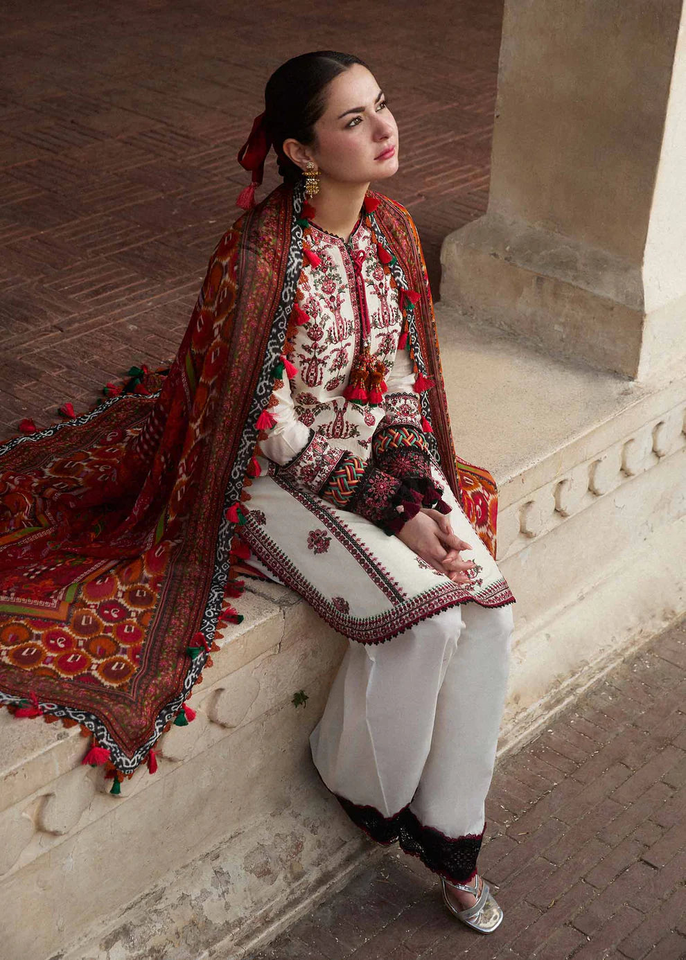 HUSSAIN REHAR- 3PC DHANAK EMBROIDERED SHIRT WITH COUTURE PRINT SHAWL AND TROUSER-TANA-1560