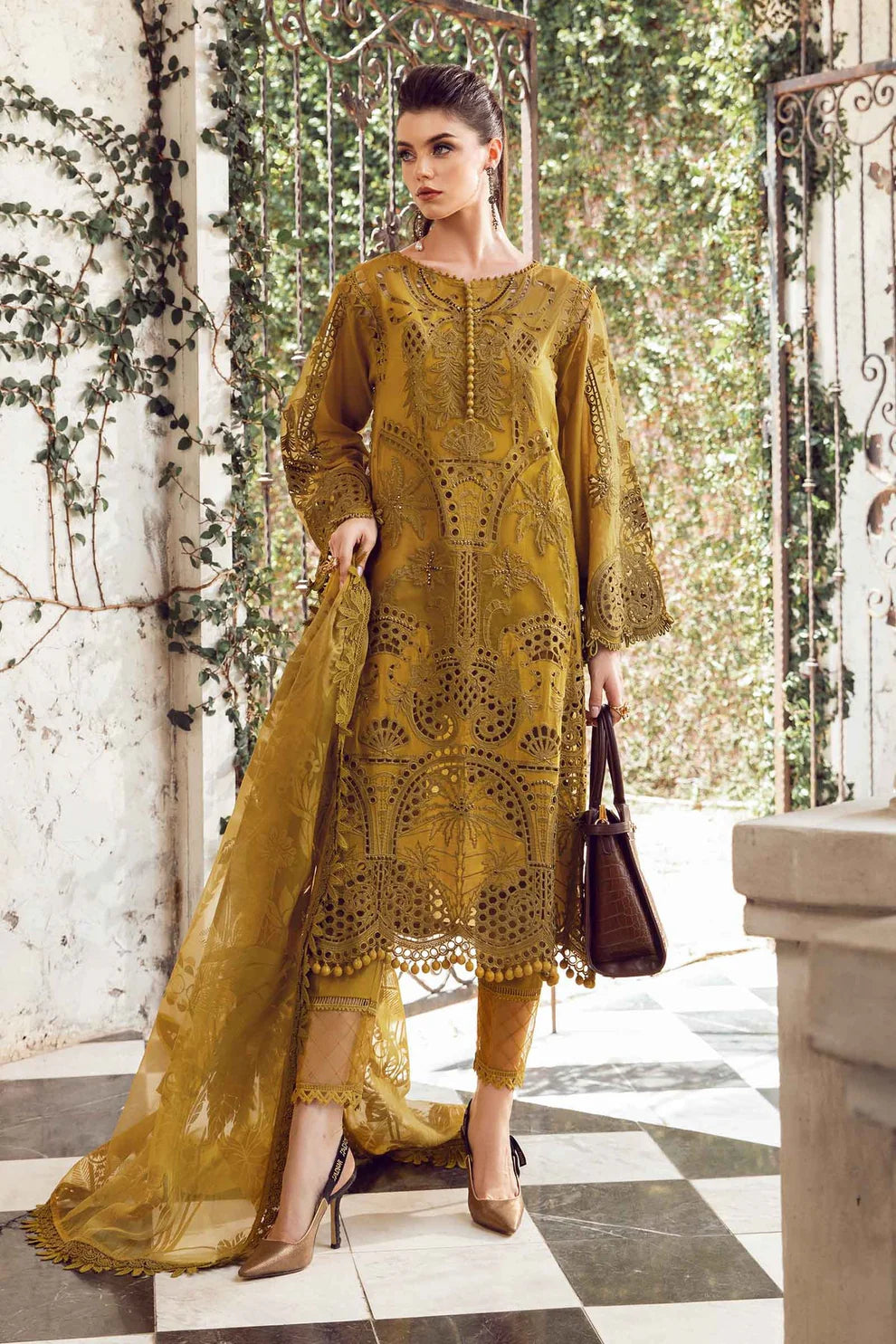 MARIA B- LAWN 3PC CHIKENKARI EMBROIDERED SHIRT WITH ORGANZA EMBROIDERED READY TO WEAR DUPATTA WITH TROUSER-TANA-5227