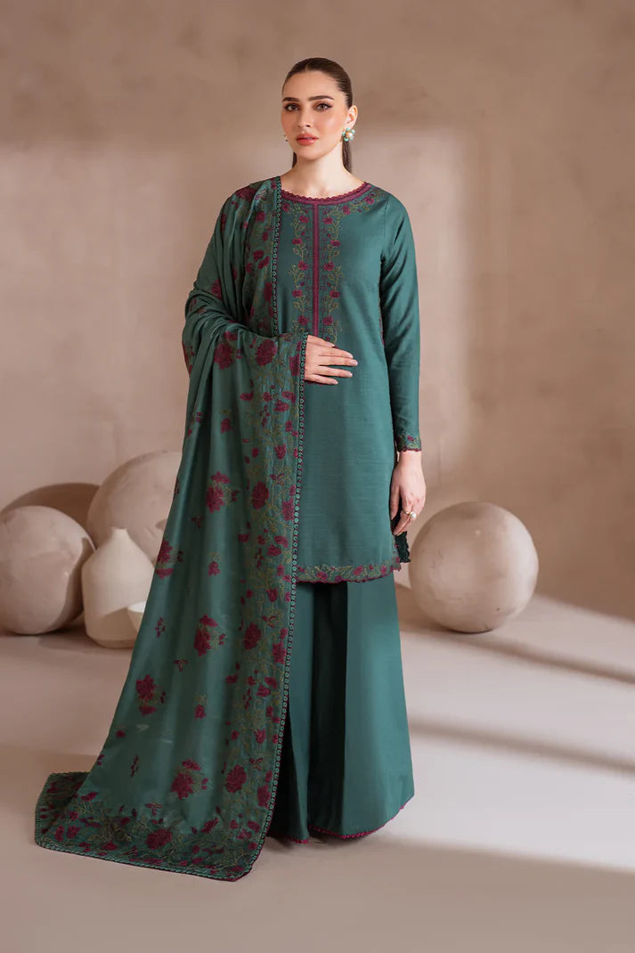 IZNIK-3PC DHANAK EMBROIDERED SHIRT WITH DHANAK EMBROIDERED SHAWL & TROUSER-TBF-1902