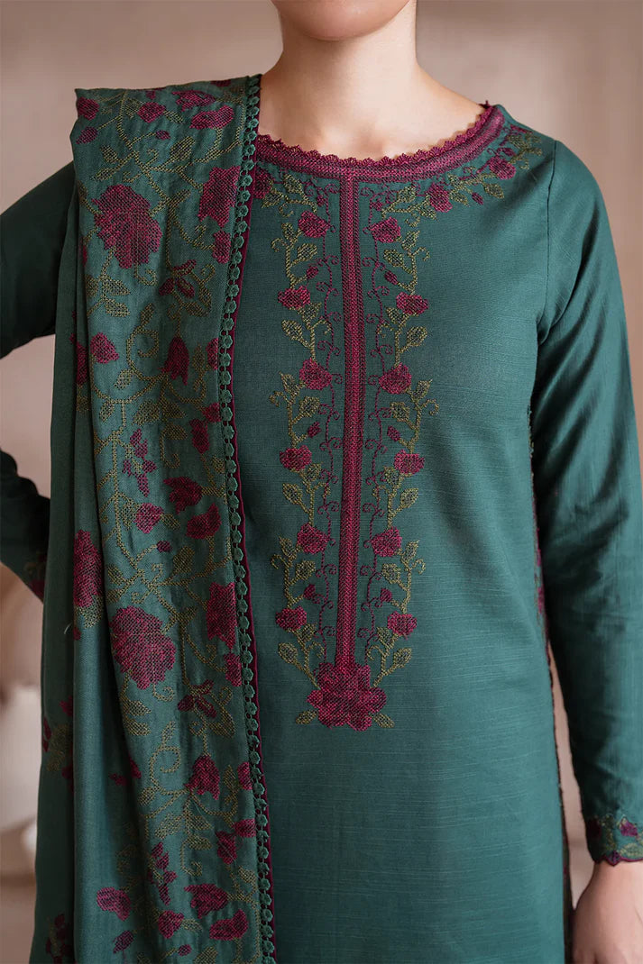 IZNIK-3PC DHANAK EMBROIDERED SHIRT WITH DHANAK EMBROIDERED SHAWL & TROUSER-TBF-1902