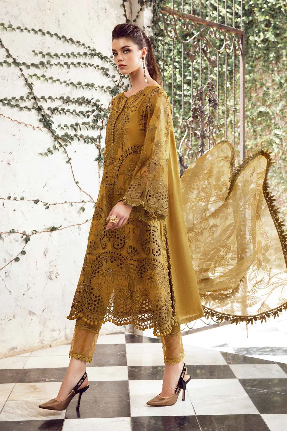 MARIA B- LAWN 3PC CHIKENKARI EMBROIDERED SHIRT WITH ORGANZA EMBROIDERED READY TO WEAR DUPATTA WITH TROUSER-TANA-5227