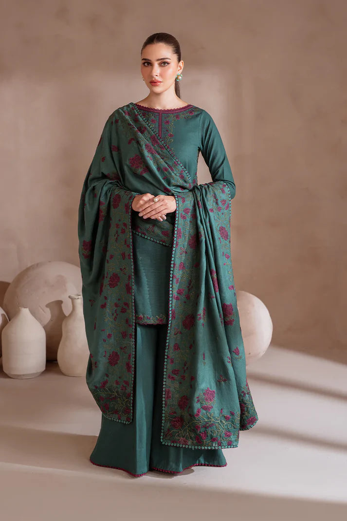 IZNIK-3PC DHANAK EMBROIDERED SHIRT WITH DHANAK EMBROIDERED SHAWL & TROUSER-TBF-1902