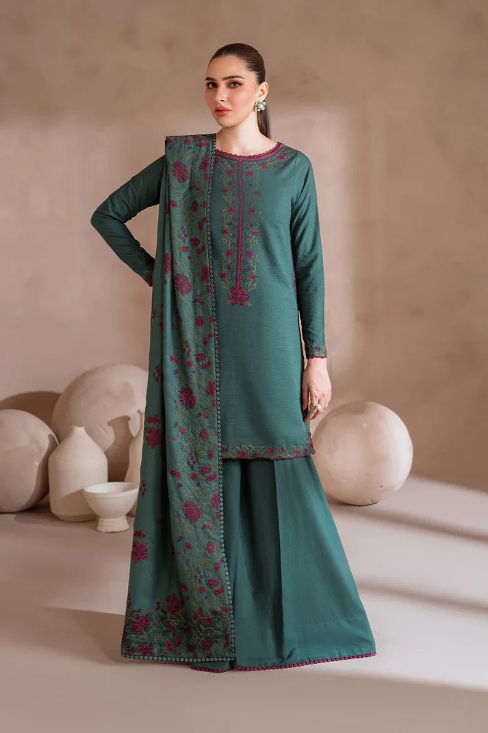 IZNIK-3PC DHANAK EMBROIDERED SHIRT WITH DHANAK EMBROIDERED SHAWL & TROUSER-TBF-1902