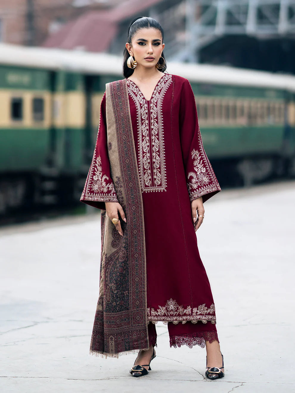 IZEL-3PC DHANAK EMBROIDERED SHIRT WITH COUTURE PRINT SHAWL AND TROUSER-TANA-1743