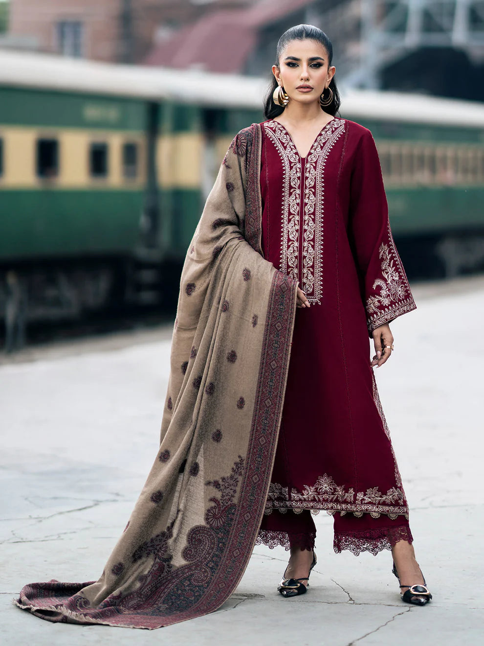 IZEL-3PC DHANAK EMBROIDERED SHIRT WITH COUTURE PRINT SHAWL AND TROUSER-TANA-1743