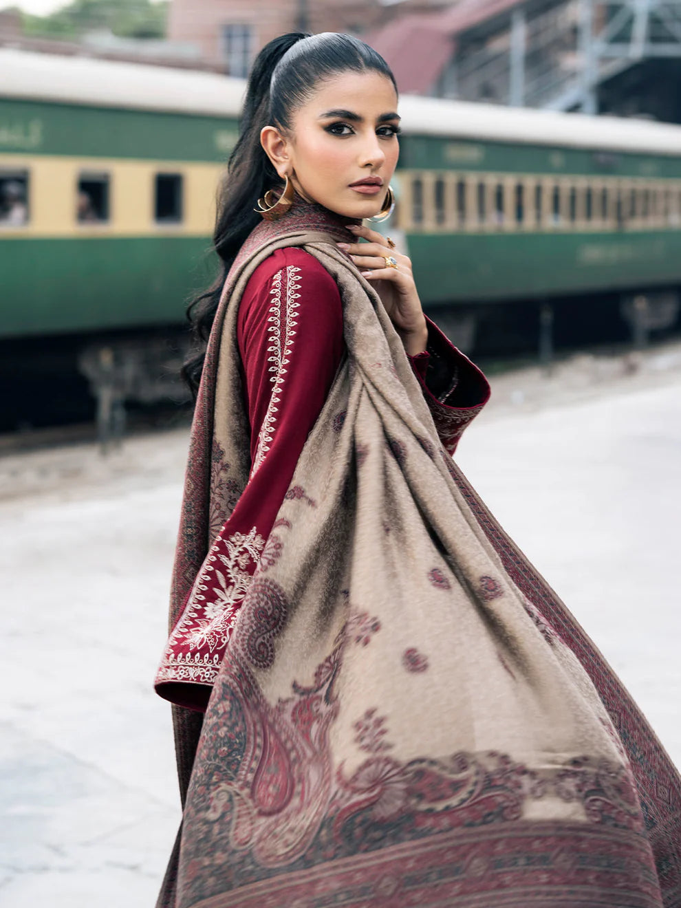 IZEL-3PC DHANAK EMBROIDERED SHIRT WITH COUTURE PRINT SHAWL AND TROUSER-TANA-1743