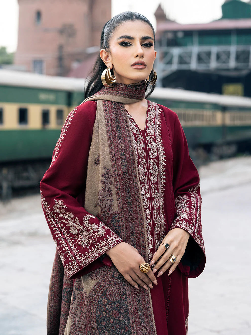 IZEL-3PC DHANAK EMBROIDERED SHIRT WITH COUTURE PRINT SHAWL AND TROUSER-TANA-1743